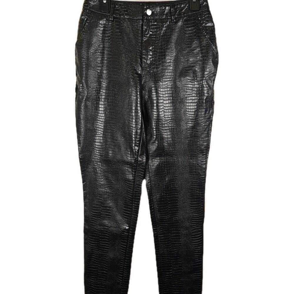 Pretty Little Thing Black Faux Leather Croc Print Baggy Pants SZ 4 28" W Moto